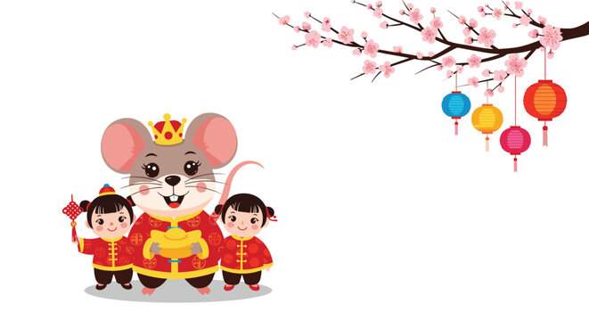 Chinese New Year illustration featuring a cute rat king with two children, under a blooming cherry blossom branch with lanterns.