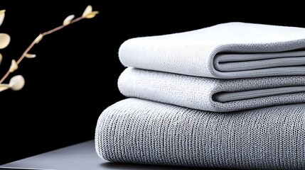 Stack of soft, folded knitted blankets in varying shades of white and grey with a minimalist