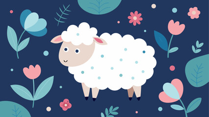 Cute sheep with flowers and leaves design