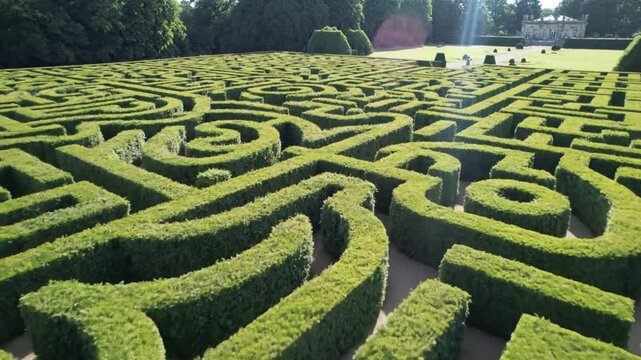 Aerial view of a large, complex, and beautiful hedge maze in a sunny garden, showcasing pathways and design.