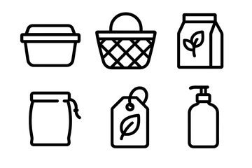 Eco-Friendly Shopping Icons. Sustainable Shopping Set linear set: reusable container, farmer’s market basket, plant-based product, low-waste pouch, green tag, refill bottle.