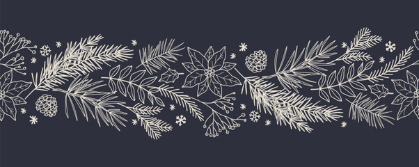 Christmas border with a seamless pattern of fir tree branches, pine cones, leaves, poinsettias, snowflakes. Hand drawn line style winter vector illustration