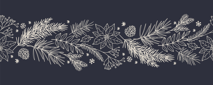 Christmas border with a seamless pattern of fir tree branches, pine cones, leaves, poinsettias, snowflakes. Hand drawn line style winter vector illustration