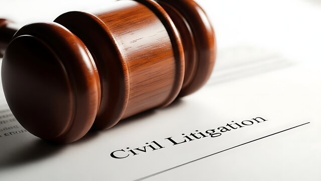 Wooden gavel resting on civil litigation document symbolizes legal proceedings and justice