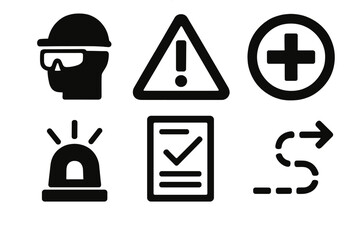 Bold Safety Icons. Safety Control Measures silhouette set: protective gear icon, incident alert, controlled zone marker, safety protocol sheet, warning beacon, safe route line.