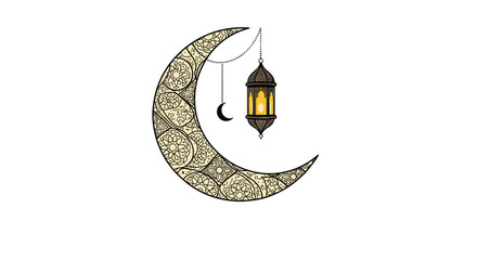 Obraz premium Decorative crescent moon with intricate patterns, a hanging lantern, and a smaller moon, symbolizing Islamic holidays like Ramadan.