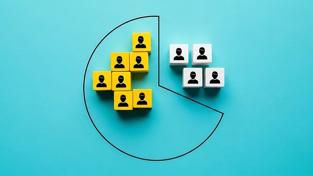 Population segmentation concept shown with colored wooden blocks on a blue background