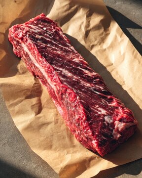 Raw hanger steak resting on brown butcher paper ready to cook