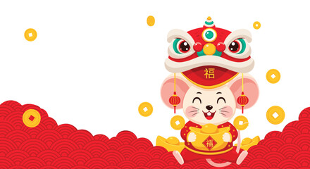 Obraz premium Joyful Chinese New Year background with a cute cartoon rat in a lion dance costume, surrounded by gold coins and red waves.