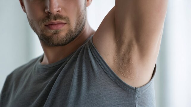 Worried man with excessive sweating in armpit wearing gray shirt, showing discomfort and concern with personal hygiene, body odor, and skin problems, stress