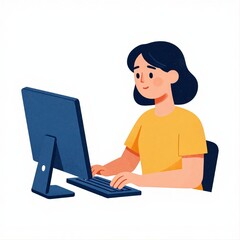 Illustration of a woman working on a computer, flat drawing, white background