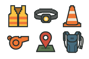 Run Safety Icons. Run Safety pixel style set: reflective vest, headlamp, caution cone, whistle, route pin, hydration pack.