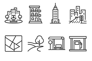 Urban Infrastructure Blueprint. Urban Development Set linear set: city plaza, apartment stack, skyline tower, street intersection, zoning map, green space, bus stop, service