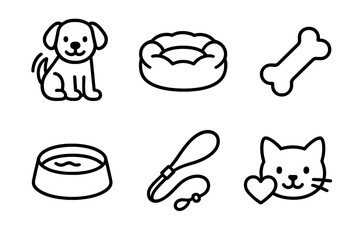 Animal Care Icons. Animal friends set linear set: wagging tail, soft cushion, treat piece, water dish, gentle leash, comfort heart.