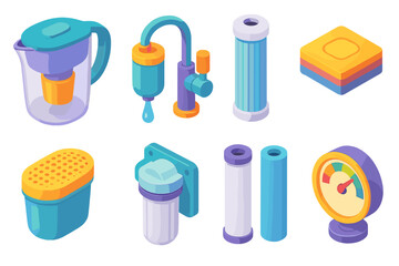 Colorful Filtration Icons. Filtration system items flat isometric set: pitcher vessel, faucet purifier, under-sink cartridge tube, sediment layer plate, activated carbon pod,