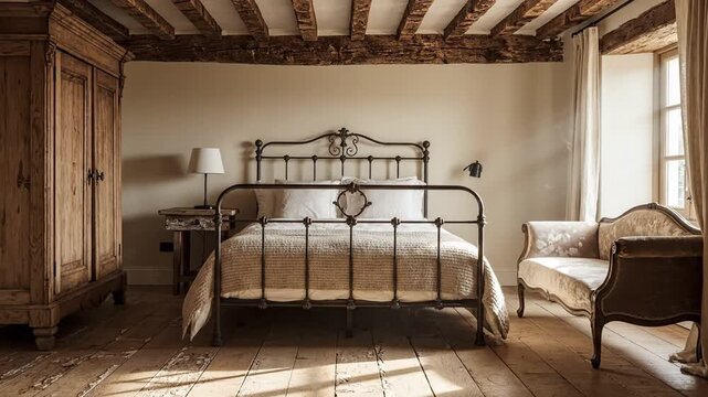 Rustic bedroom with a metal bed, carved armoire, exposed beams, warm light, vintage charm. and calm