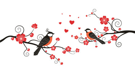 Two love birds sitting on blooming cherry blossom branches with red flowers and floating hearts, a symbol of romance and love.