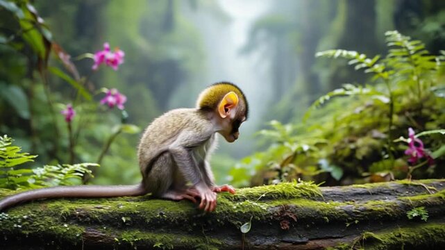 A small monkey sitting on a mossy branch in a lush forest with pink flowers and soft lighting background monkey video