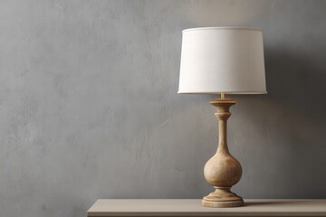 Elegant vintage table lamp with pleated lampshade against a plain gray concrete wall background. Wooden shelf with books, candles and free space. Classic lampshade. Inviting and cozy ambiance.