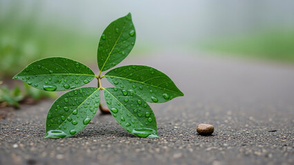 Fresh green leaf with water droplets on a path in nature  