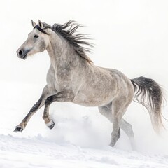 Obraz premium Dapple Gray Horse Galloping and Kicking Up Snow in High Key Winter Scene