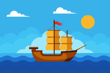 Cartoon sailboat with orange sails on a blue ocean under a sunny sky