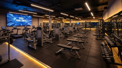 Modern gym interior with motivational screen and various exercise equipment for National Personal Trainer Awareness Month