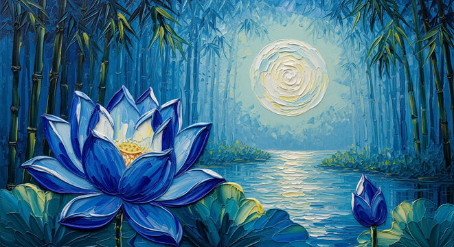 3D oil painting of blue lotus and bamboo in moonlit river landscape, 3D relief wallpaper for mural wall art, canvas print, wall decor painting design