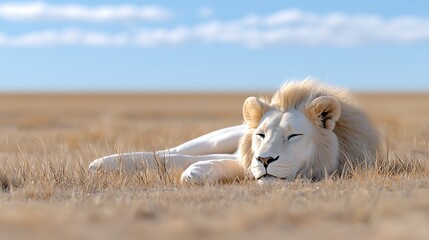 Magnificent white lion resting peacefully in a golden field under a clear blue sky