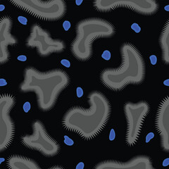 Seamless abstract pattern featuring stylized microorganisms or bacteria shapes in gray and blue on a black background. Ideal for science, medical, biology, or textile designs