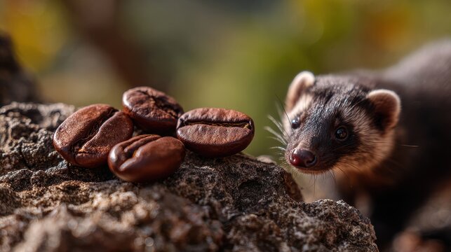 Wild Asian palm civet and kopi luwak coffee beans produced through natural digestion process