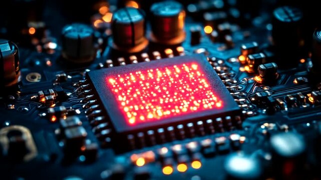 Close-up of a glowing red computer chip on a circuit board with bokeh lights.