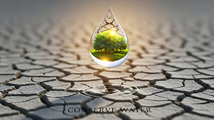 Water drop with green forest inside isolated on transparent background representing conservation