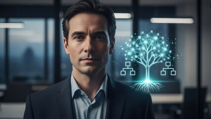 Confident, professionally dressed businessman with a serious expression and dark hair, stands in a modern office environment alongside a glowing, futuristic digital tree network illustration with