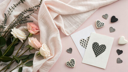 Valentine Flatlay Theme. Elegant modern flatlay featuring soft pink fabric, roses, and decorative hearts, perfect for Valentine Day