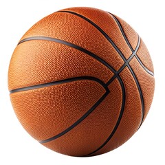 Detailed close up of a textured orange basketball with black seams isolated on a clean white background for sports
