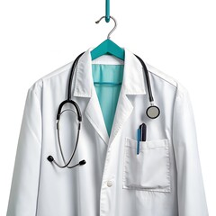 White medical doctor's lab coat with stethoscope hanging on a teal hanger against white background