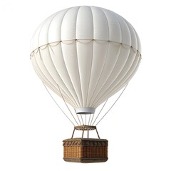 Vintage style white hot air balloon with wicker basket isolated against a clean white background for design