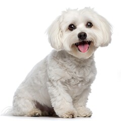 Obraz premium Adorable fluffy white Maltese dog sitting happily with tongue out against a bright white background