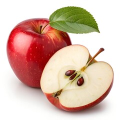 Vibrant red apple whole and sliced in half revealing crisp white flesh and dark brown seeds on white