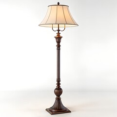 Elegant traditional bronze floor lamp with illuminated cream fabric shade on a white background