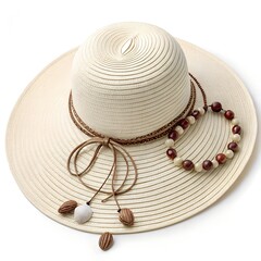 Wide brim straw sun hat adorned with natural beads and decorative tassels isolated on white background