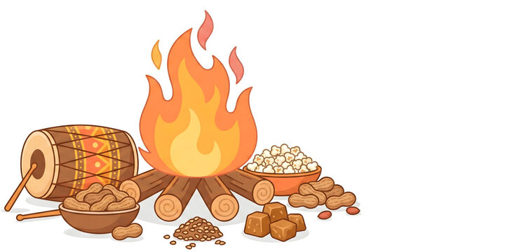 Lohri Bonfire with Traditional Snacks and Dhol, Punjabi Harvest Festival Illustration.