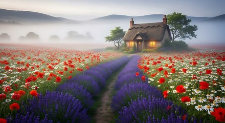 Idyllic Cottage in a Field of Flowers on a Foggy Morning.