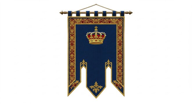 深遠な青い旗に金色の王冠と豪華な装飾が輝く荘厳なデザイン. AI Generated