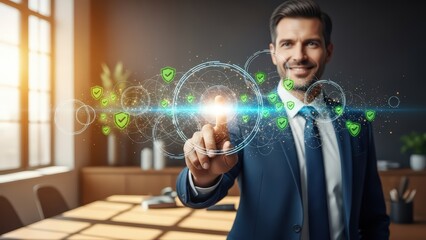A confident, professionally dressed businessman in a navy suit and crisp white shirt is depicted interacting with a futuristic, glowing network of interconnected nodes and green checkmark icons