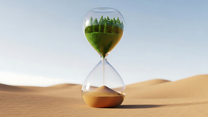 An hourglass with green grass isolated on transparent background in a desert landscape