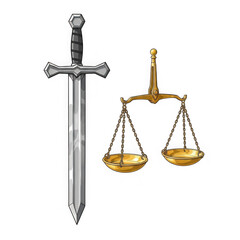 Silver sword and golden scales of justice symbolizing law balance truth fairness and judgment concept