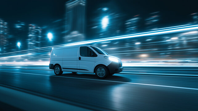 White cargo van speeding on modern highway at night cityscape background with motion blur urban transportation fast delivery dynamic futuristic energetic illuminated scene