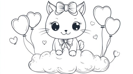 Cute cat on cloud with hearts, balloons; Valentine's Day card